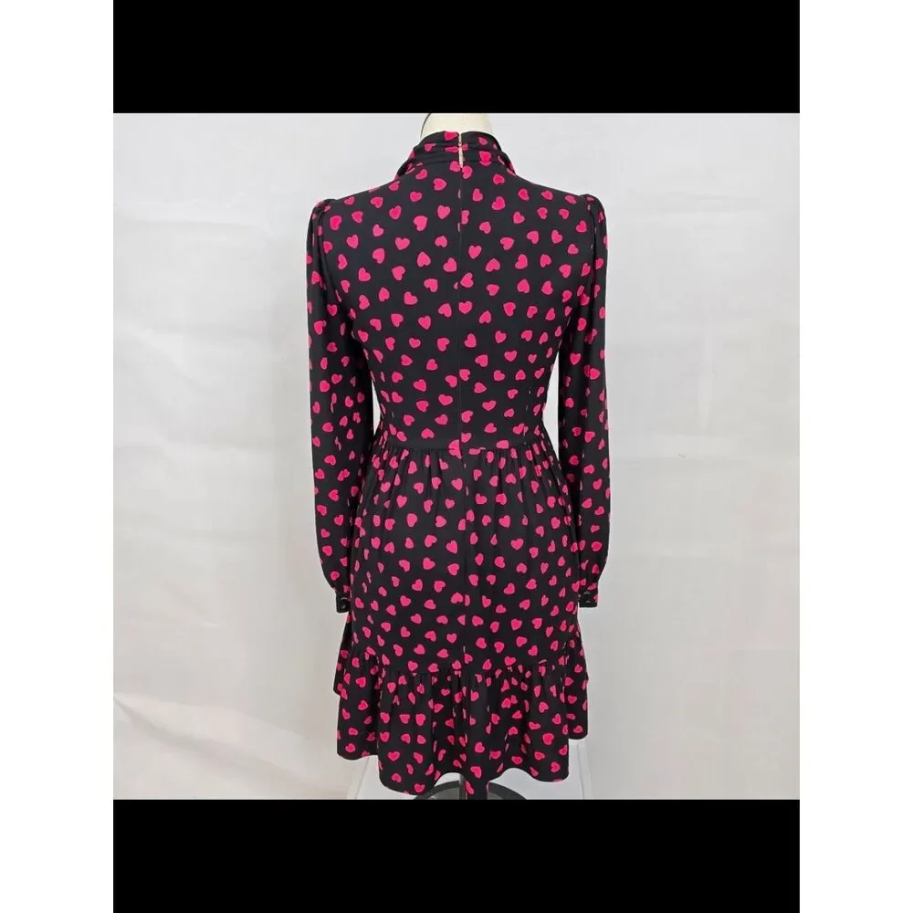 Kate Spade New York Black Pink Heart Print Tie Neck Dress Size 8